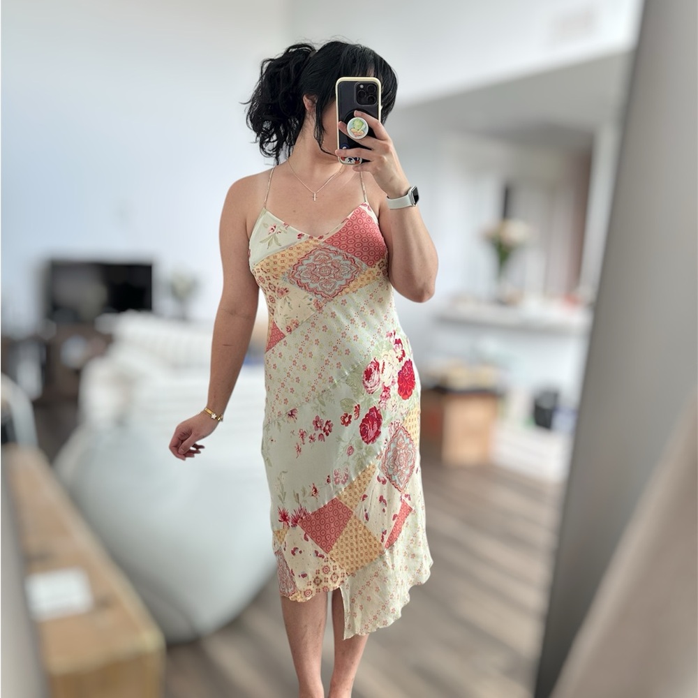 Express Silk Patchwork Floral Spaghetti Strap Dre… - image 1